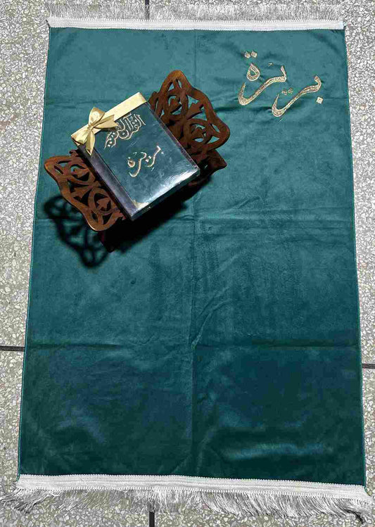 Customizable Arabic Prayer Mat and Quran –Gareen Velvet with Name Embroidery