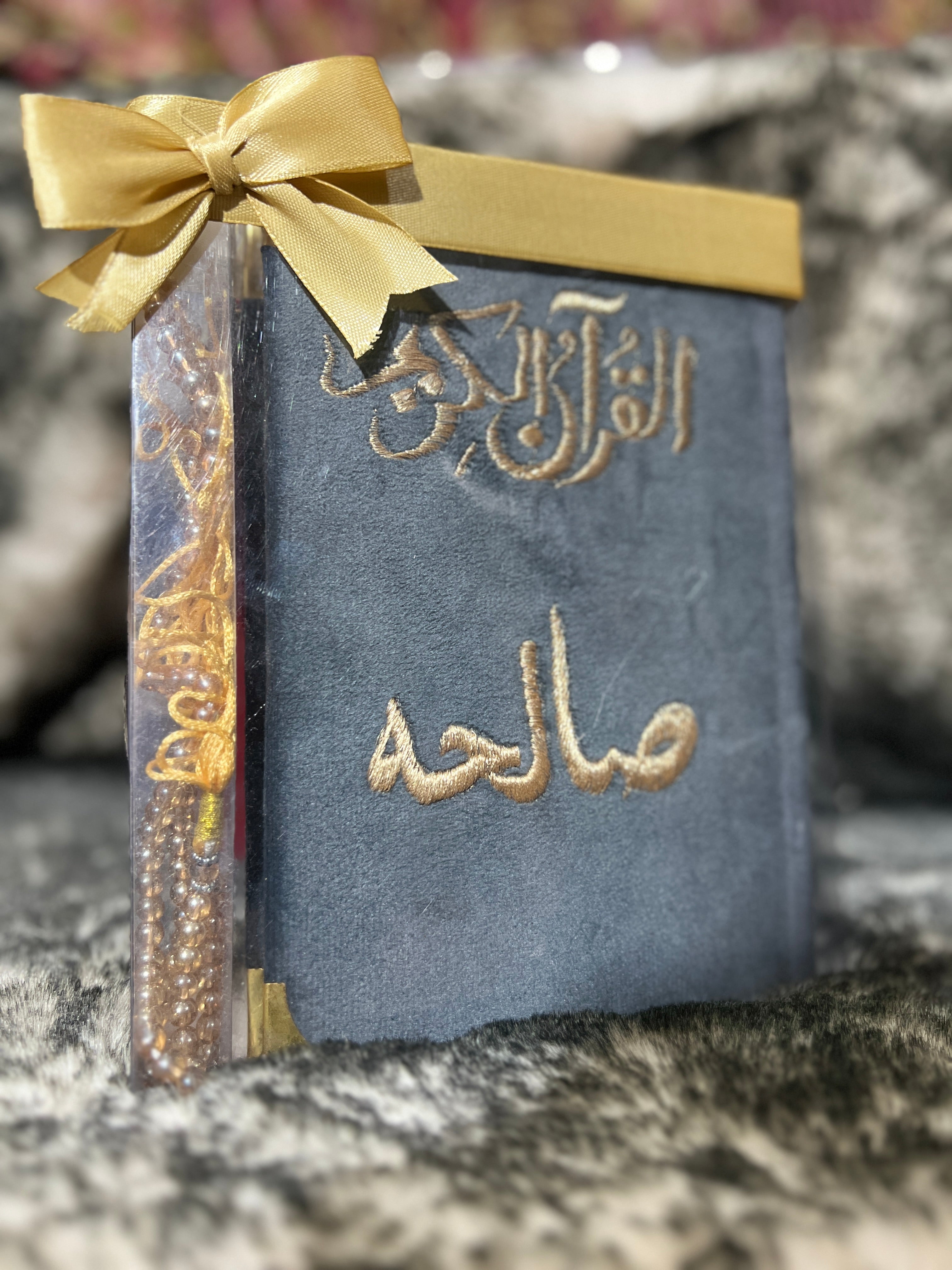 Holy Quran (Dark Gray Velvet) Tasbeeh with Customize Name With Embroidery