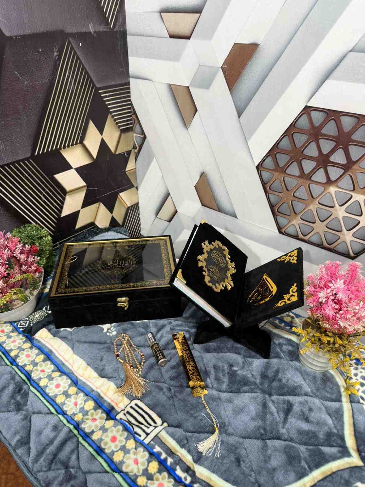 Premium Bridal Quran Gift Set Black Color  Transparent Set, Velvet Holly Quran, Book Mark,  Velvet Box, Velvet  Rahal, Ittar, Tasbeeh