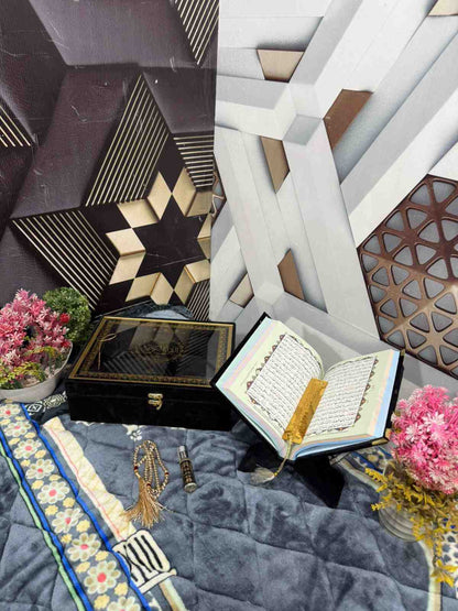 Premium Bridal Quran Gift Set Black Color  Transparent Set, Velvet Holly Quran, Book Mark,  Velvet Box, Velvet  Rahal, Ittar, Tasbeeh