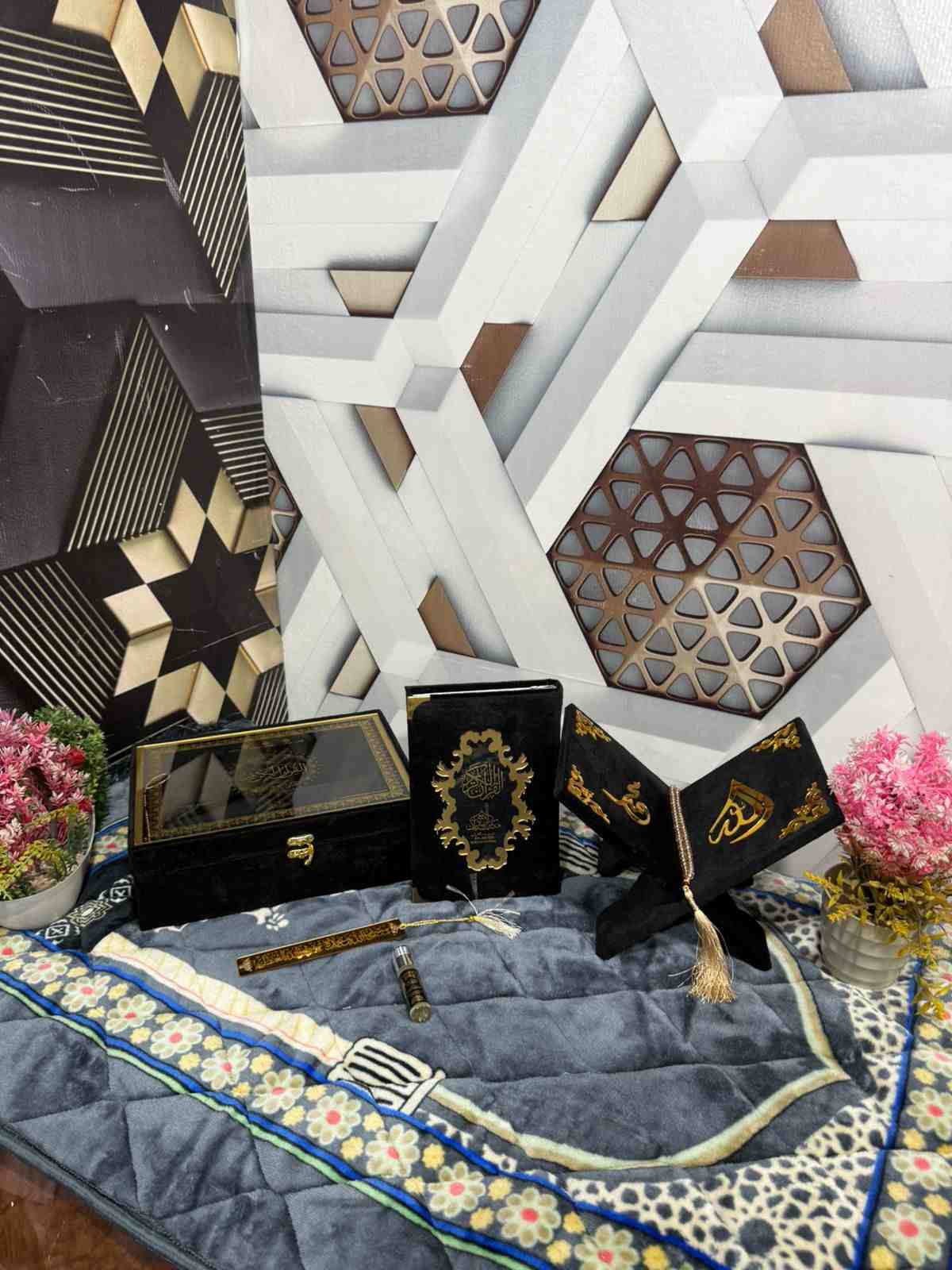 Premium Bridal Quran Gift Set Black Color  Transparent Set, Velvet Holly Quran, Book Mark,  Velvet Box, Velvet  Rahal, Ittar, Tasbeeh
