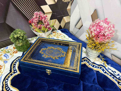 Premium Bridal Quran Gift Set Blue Color  Transparent Set, Velvet Holly Quran, Book Mark,  Velvet Box, Velvet  Rahal, Ittar, Tasbeeh