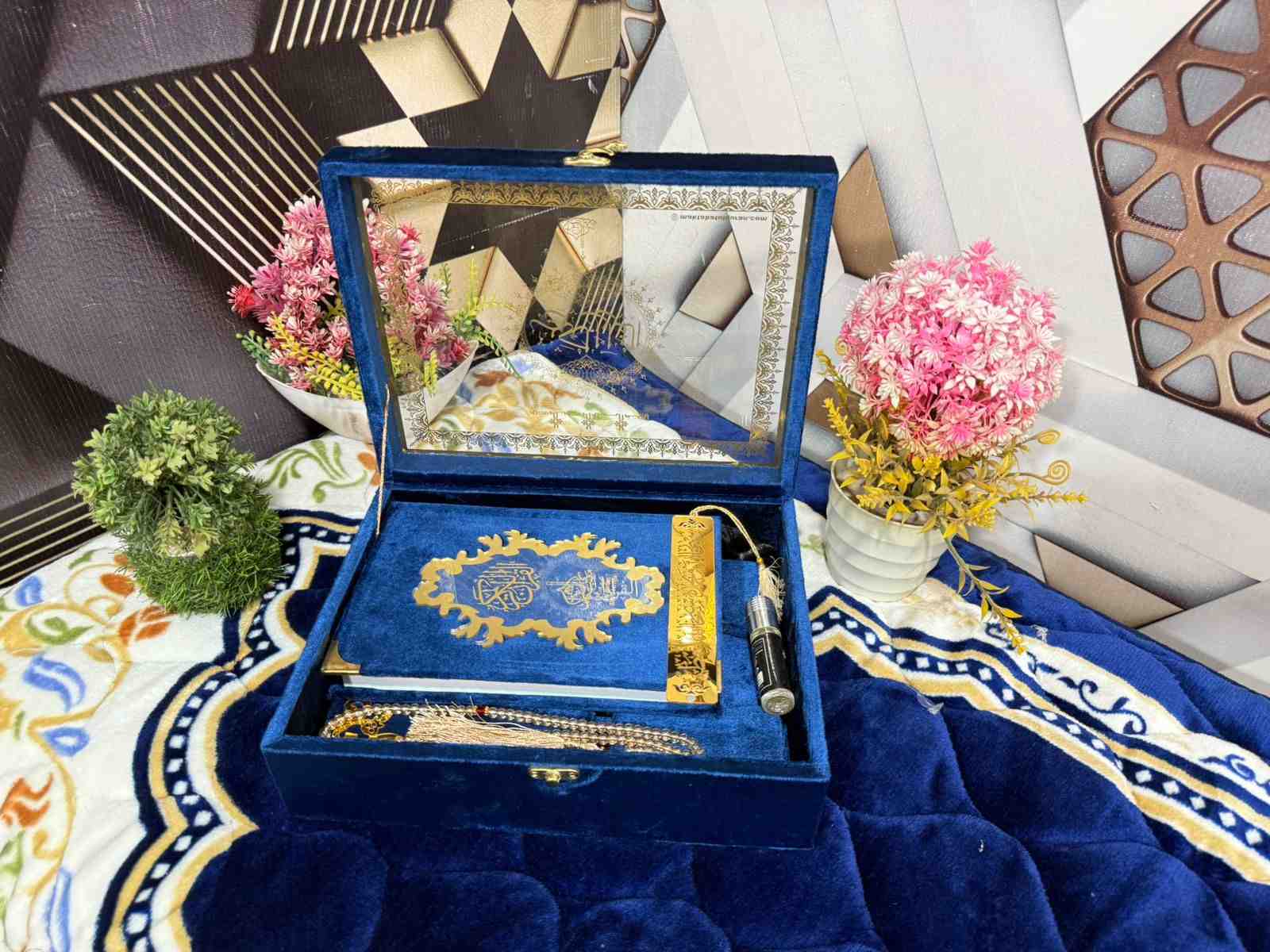 Premium Bridal Quran Gift Set Blue Color  Transparent Set, Velvet Holly Quran, Book Mark,  Velvet Box, Velvet  Rahal, Ittar, Tasbeeh