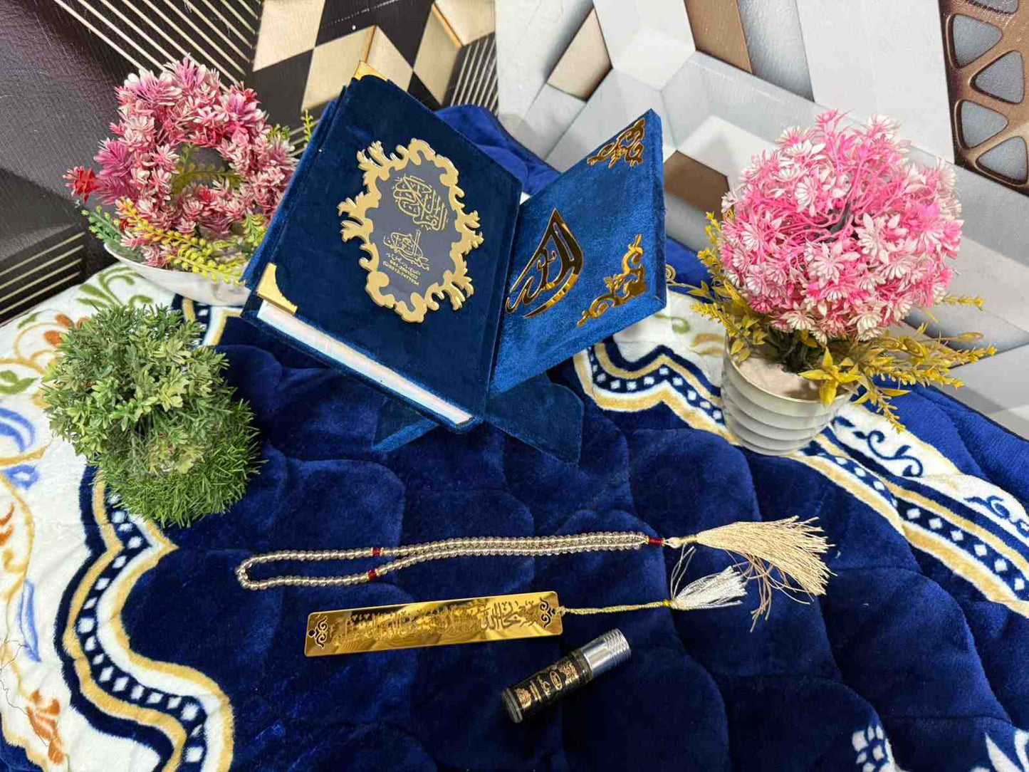 Premium Bridal Quran Gift Set Blue Color  Transparent Set, Velvet Holly Quran, Book Mark,  Velvet Box, Velvet  Rahal, Ittar, Tasbeeh