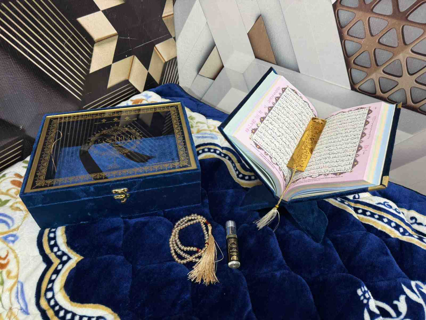 Premium Bridal Quran Gift Set Blue Color  Transparent Set, Velvet Holly Quran, Book Mark,  Velvet Box, Velvet  Rahal, Ittar, Tasbeeh