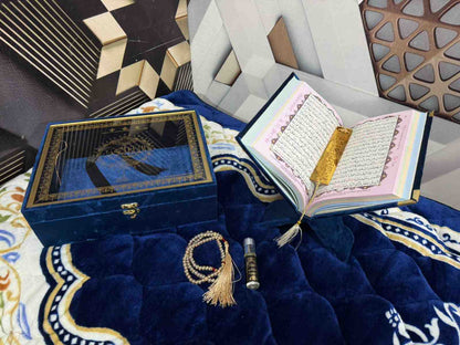 Premium Bridal Quran Gift Set Blue Color  Transparent Set, Velvet Holly Quran, Book Mark,  Velvet Box, Velvet  Rahal, Ittar, Tasbeeh