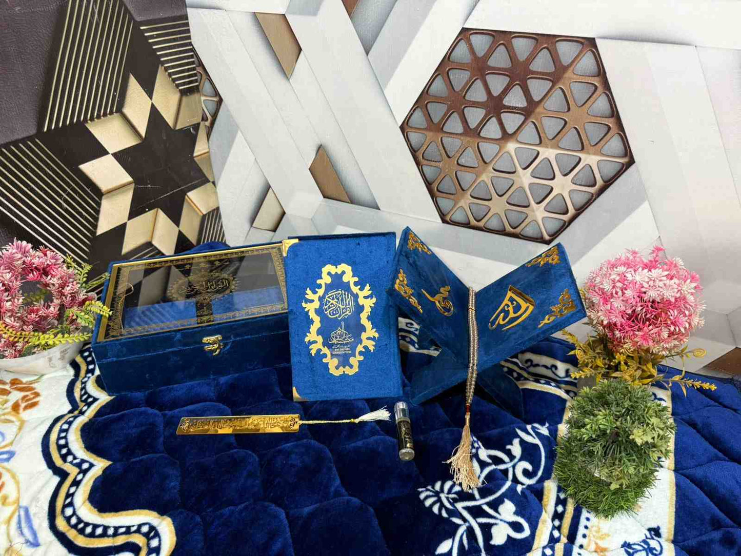 Premium Bridal Quran Gift Set Blue Color  Transparent Set, Velvet Holly Quran, Book Mark,  Velvet Box, Velvet  Rahal, Ittar, Tasbeeh