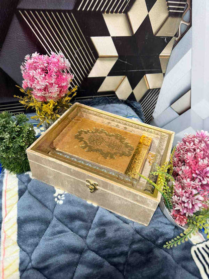 Premium Bridal Quran Gift Set Golden Color  Transparent Set, Velvet Holly Quran, Book Mark,  Velvet Box, Velvet  Rahal, Ittar, Tasbeeh