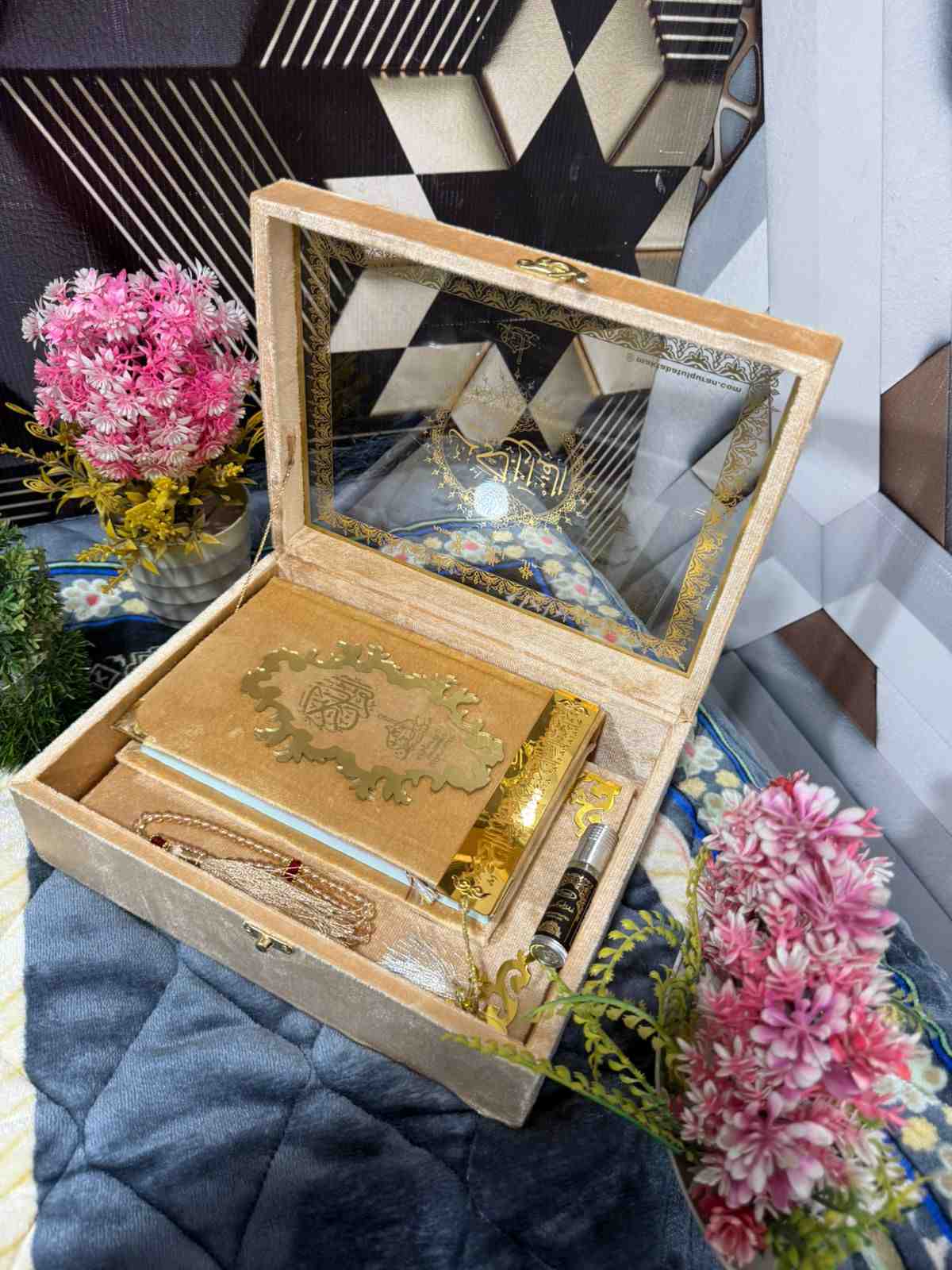 Premium Bridal Quran Gift Set Golden Color  Transparent Set, Velvet Holly Quran, Book Mark,  Velvet Box, Velvet  Rahal, Ittar, Tasbeeh