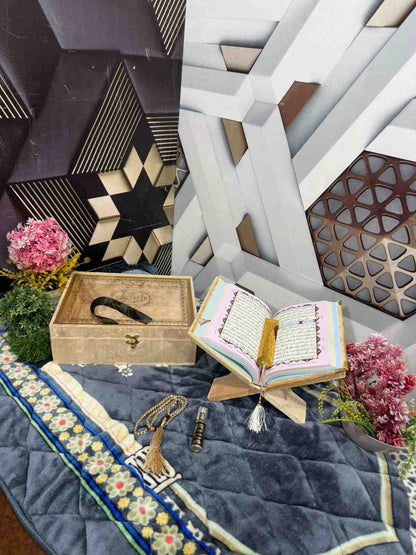 Premium Bridal Quran Gift Set Golden Color  Transparent Set, Velvet Holly Quran, Book Mark,  Velvet Box, Velvet  Rahal, Ittar, Tasbeeh
