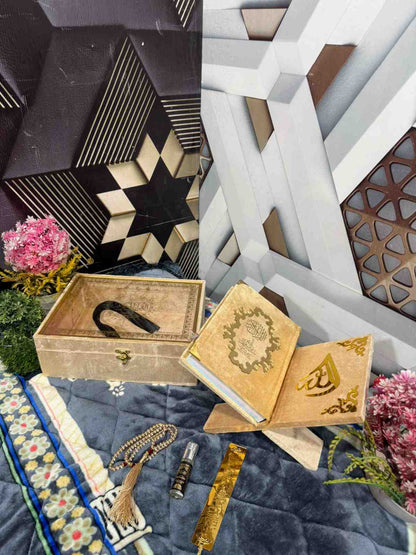 Premium Bridal Quran Gift Set Golden Color  Transparent Set, Velvet Holly Quran, Book Mark,  Velvet Box, Velvet  Rahal, Ittar, Tasbeeh