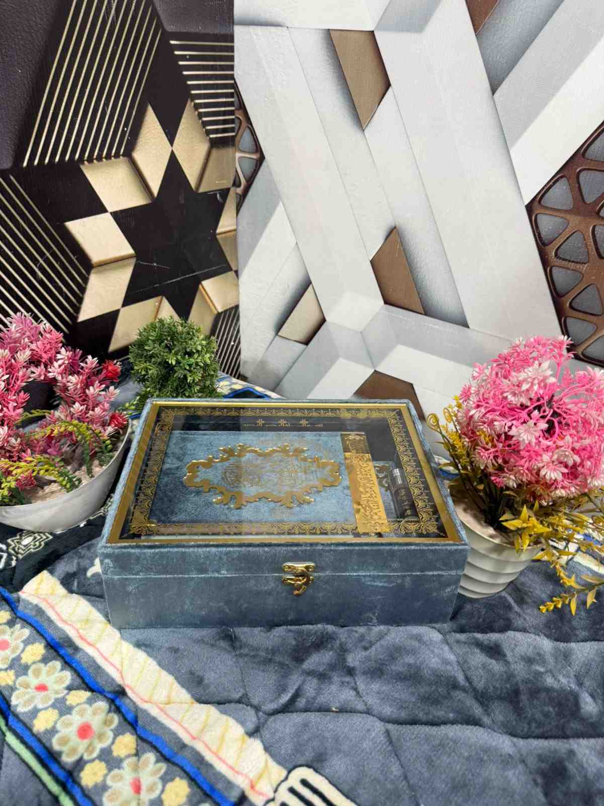 Premium Bridal Quran Gift Set Gray Color Transparent Set, Velvet Holly Quran, Book Mark,  Velvet Box, Velvet  Rahal, Ittar, Tasbeeh