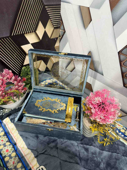 Premium Bridal Quran Gift Set Gray Color Transparent Set, Velvet Holly Quran, Book Mark,  Velvet Box, Velvet  Rahal, Ittar, Tasbeeh