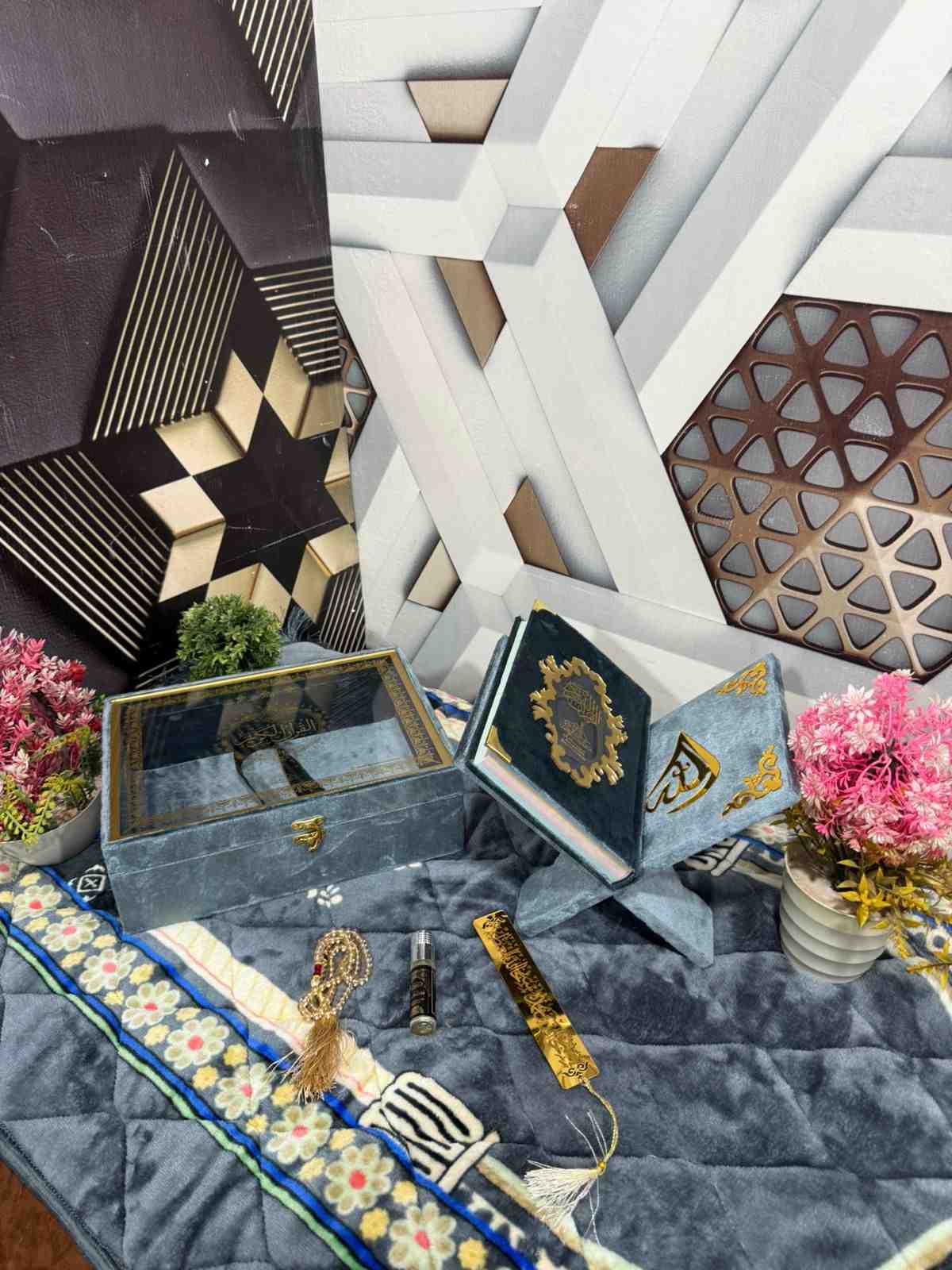 Premium Bridal Quran Gift Set Gray Color Transparent Set, Velvet Holly Quran, Book Mark,  Velvet Box, Velvet  Rahal, Ittar, Tasbeeh