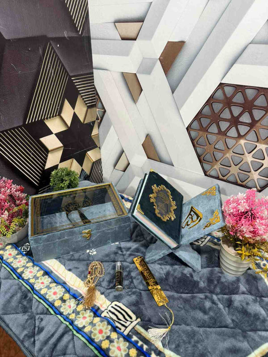 Premium Bridal Quran Gift Set Gray Color Transparent Set, Velvet Holly Quran, Book Mark,  Velvet Box, Velvet  Rahal, Ittar, Tasbeeh