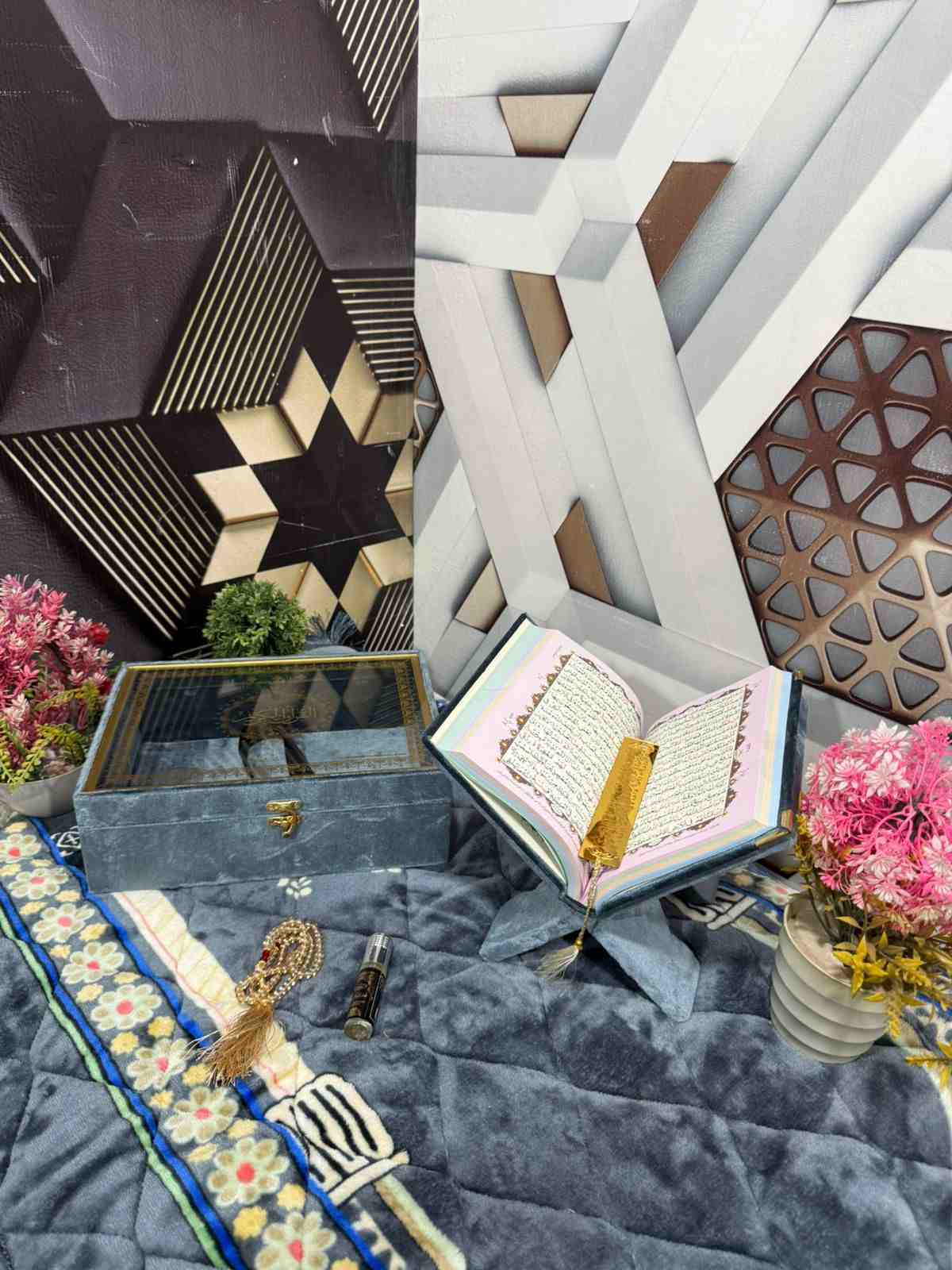 Premium Bridal Quran Gift Set Gray Color Transparent Set, Velvet Holly Quran, Book Mark,  Velvet Box, Velvet  Rahal, Ittar, Tasbeeh