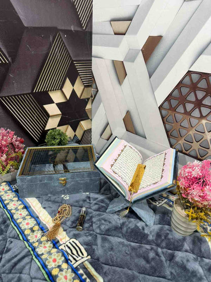 Premium Bridal Quran Gift Set Gray Color Transparent Set, Velvet Holly Quran, Book Mark,  Velvet Box, Velvet  Rahal, Ittar, Tasbeeh