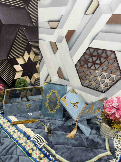 Premium Bridal Quran Gift Set Gray Color Transparent Set, Velvet Holly Quran, Book Mark,  Velvet Box, Velvet  Rahal, Ittar, Tasbeeh