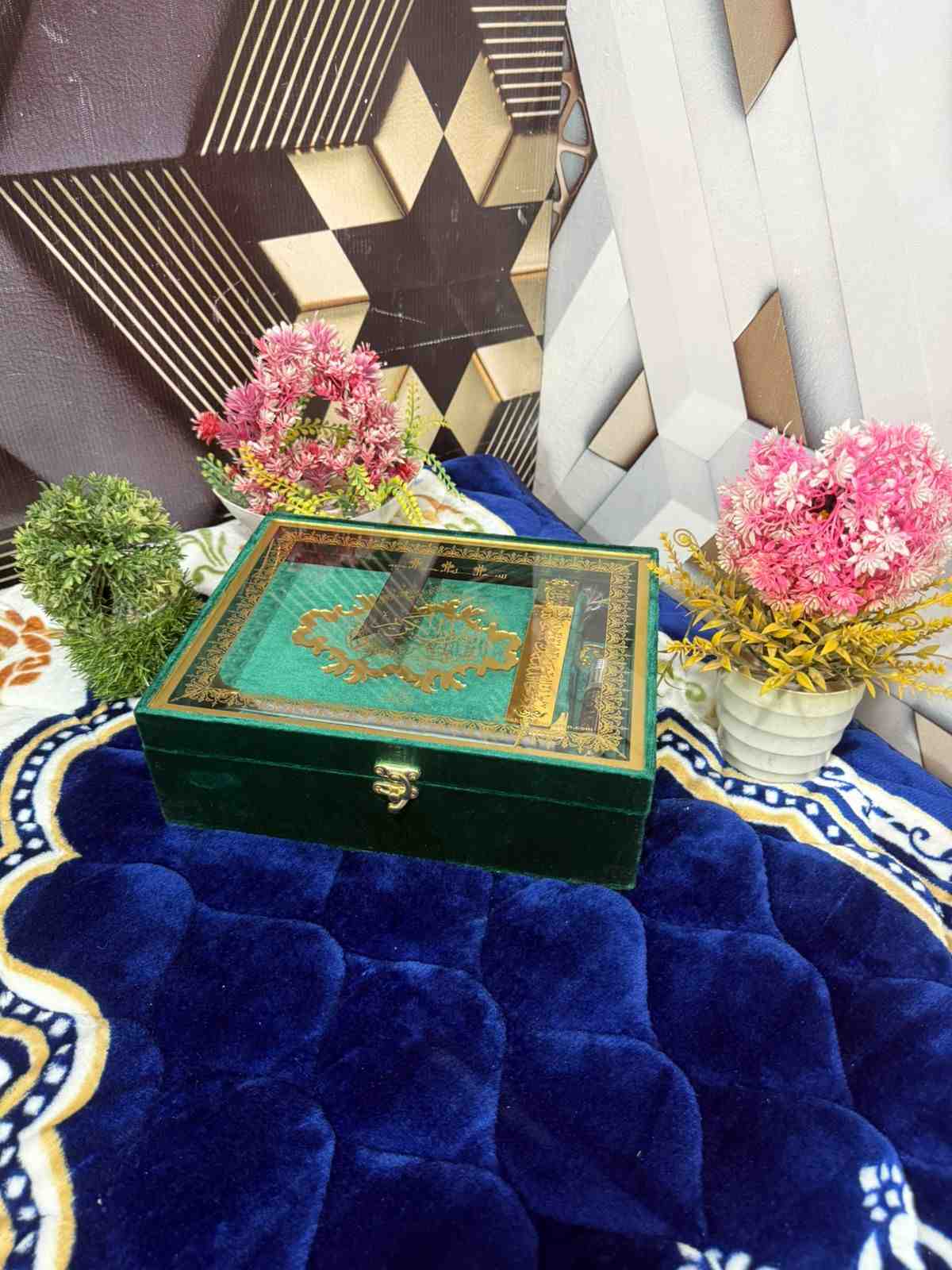 Premium Bridal Quran Gift Set Green Color Transparent Set, Velvet Holly Quran, Book Mark,  Velvet Box, Velvet  Rahal, Ittar, Tasbeeh
