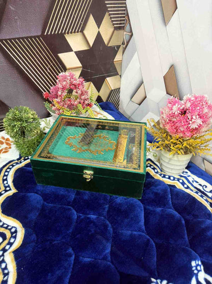 Premium Bridal Quran Gift Set Green Color Transparent Set, Velvet Holly Quran, Book Mark,  Velvet Box, Velvet  Rahal, Ittar, Tasbeeh