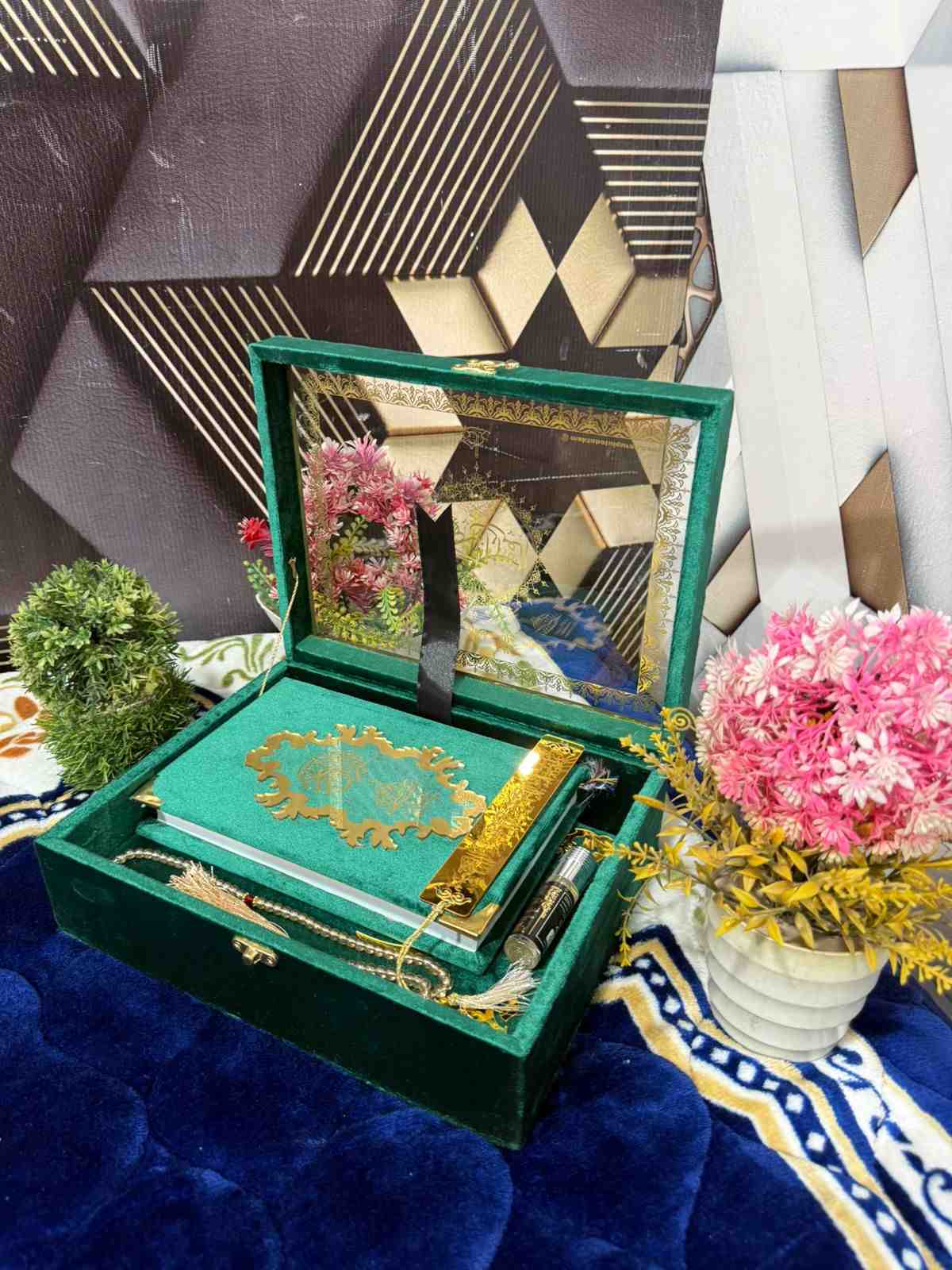 Premium Bridal Quran Gift Set Green Color Transparent Set, Velvet Holly Quran, Book Mark,  Velvet Box, Velvet  Rahal, Ittar, Tasbeeh