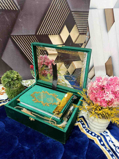 Premium Bridal Quran Gift Set Green Color Transparent Set, Velvet Holly Quran, Book Mark,  Velvet Box, Velvet  Rahal, Ittar, Tasbeeh