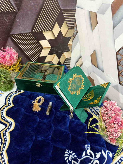 Premium Bridal Quran Gift Set Green Color Transparent Set, Velvet Holly Quran, Book Mark,  Velvet Box, Velvet  Rahal, Ittar, Tasbeeh