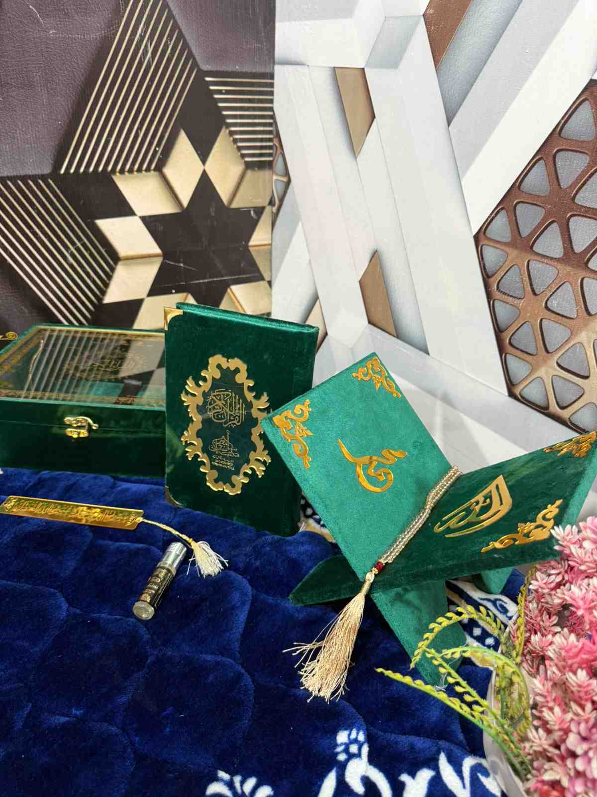 Premium Bridal Quran Gift Set Green Color Transparent Set, Velvet Holly Quran, Book Mark,  Velvet Box, Velvet  Rahal, Ittar, Tasbeeh