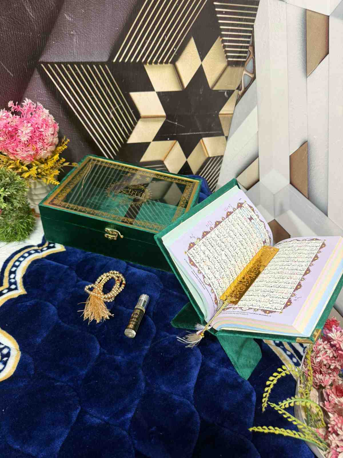 Premium Bridal Quran Gift Set Green Color Transparent Set, Velvet Holly Quran, Book Mark,  Velvet Box, Velvet  Rahal, Ittar, Tasbeeh