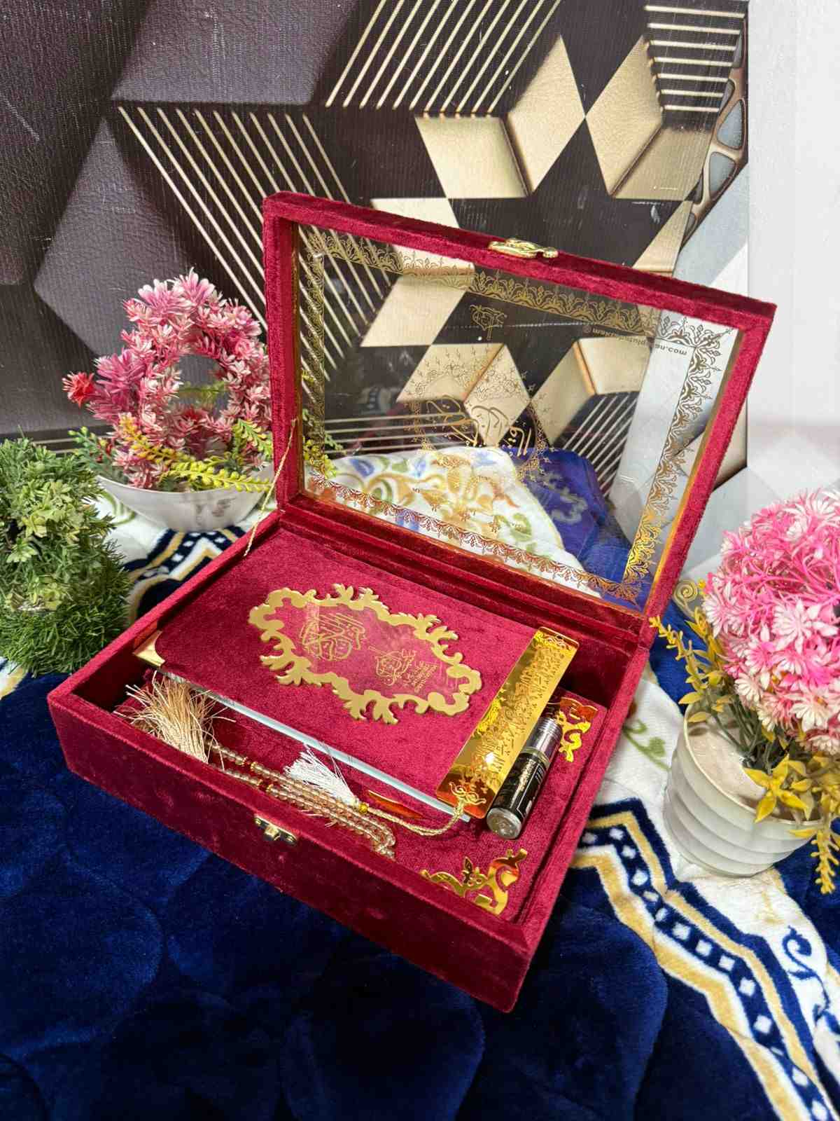 Premium Bridal Quran Gift Set Maroon Color Transparent Set, Velvet Holly Quran, Book Mark,  Velvet Box, Velvet  Rahal, Ittar, Tasbeeh