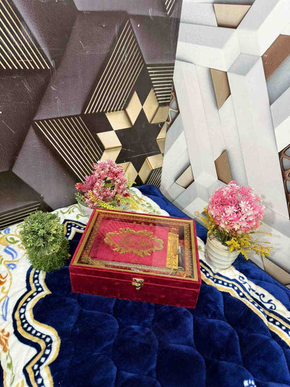 Premium Bridal Quran Gift Set Maroon Color Transparent Set, Velvet Holly Quran, Book Mark,  Velvet Box, Velvet  Rahal, Ittar, Tasbeeh