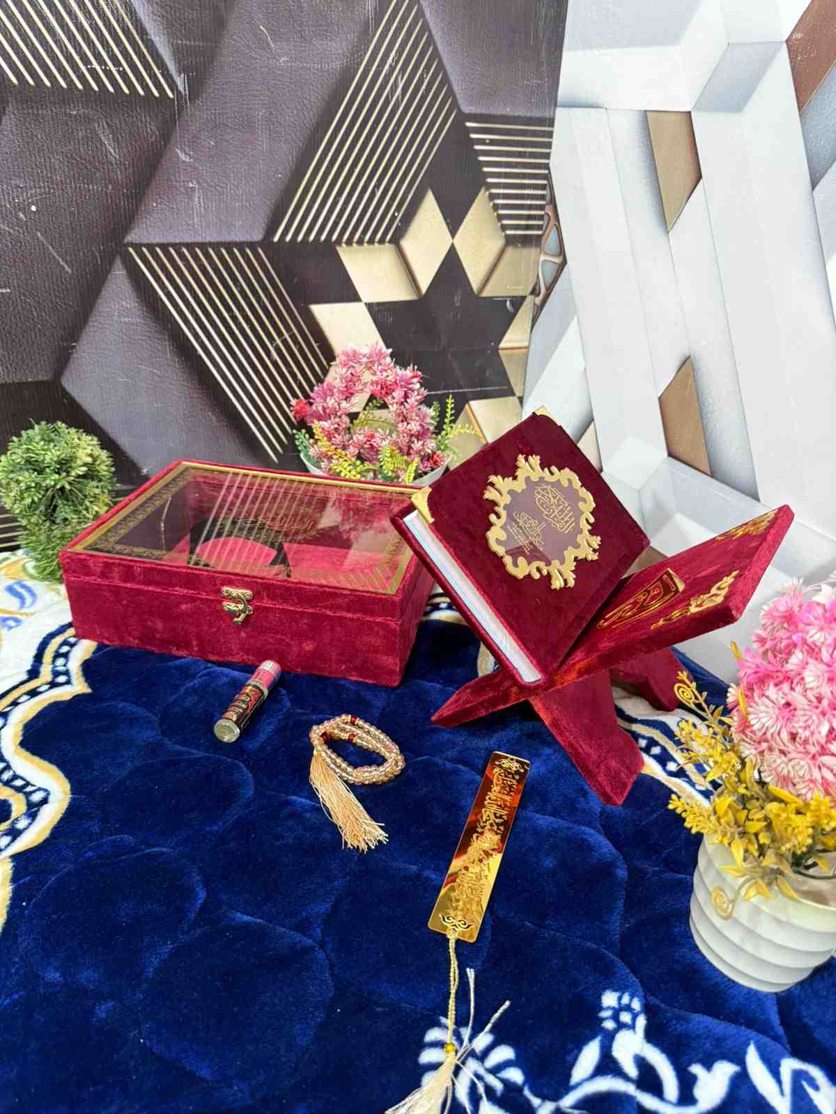 Premium Bridal Quran Gift Set Maroon Color Transparent Set, Velvet Holly Quran, Book Mark,  Velvet Box, Velvet  Rahal, Ittar, Tasbeeh