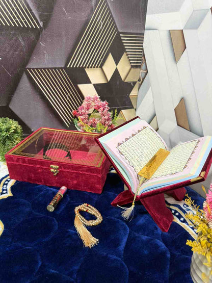 Premium Bridal Quran Gift Set Maroon Color Transparent Set, Velvet Holly Quran, Book Mark,  Velvet Box, Velvet  Rahal, Ittar, Tasbeeh