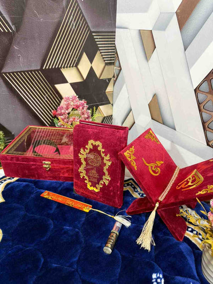 Premium Bridal Quran Gift Set Maroon Color Transparent Set, Velvet Holly Quran, Book Mark,  Velvet Box, Velvet  Rahal, Ittar, Tasbeeh