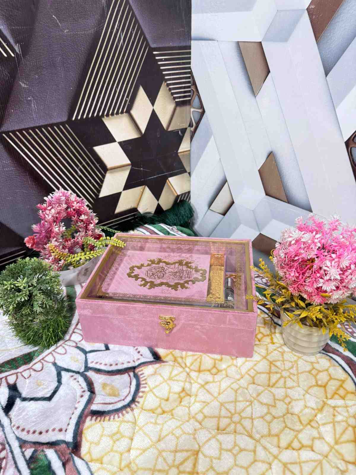 Premium Bridal Quran Gift Set Pink Color Transparent Set, Velvet Holly Quran, Book Mark,  Velvet Box, Velvet  Rahal, Ittar, Tasbeeh