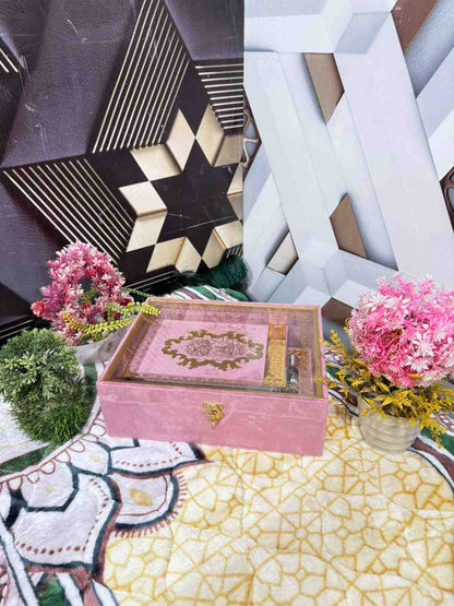 Premium Bridal Quran Gift Set Pink Color Transparent Set, Velvet Holly Quran, Book Mark,  Velvet Box, Velvet  Rahal, Ittar, Tasbeeh