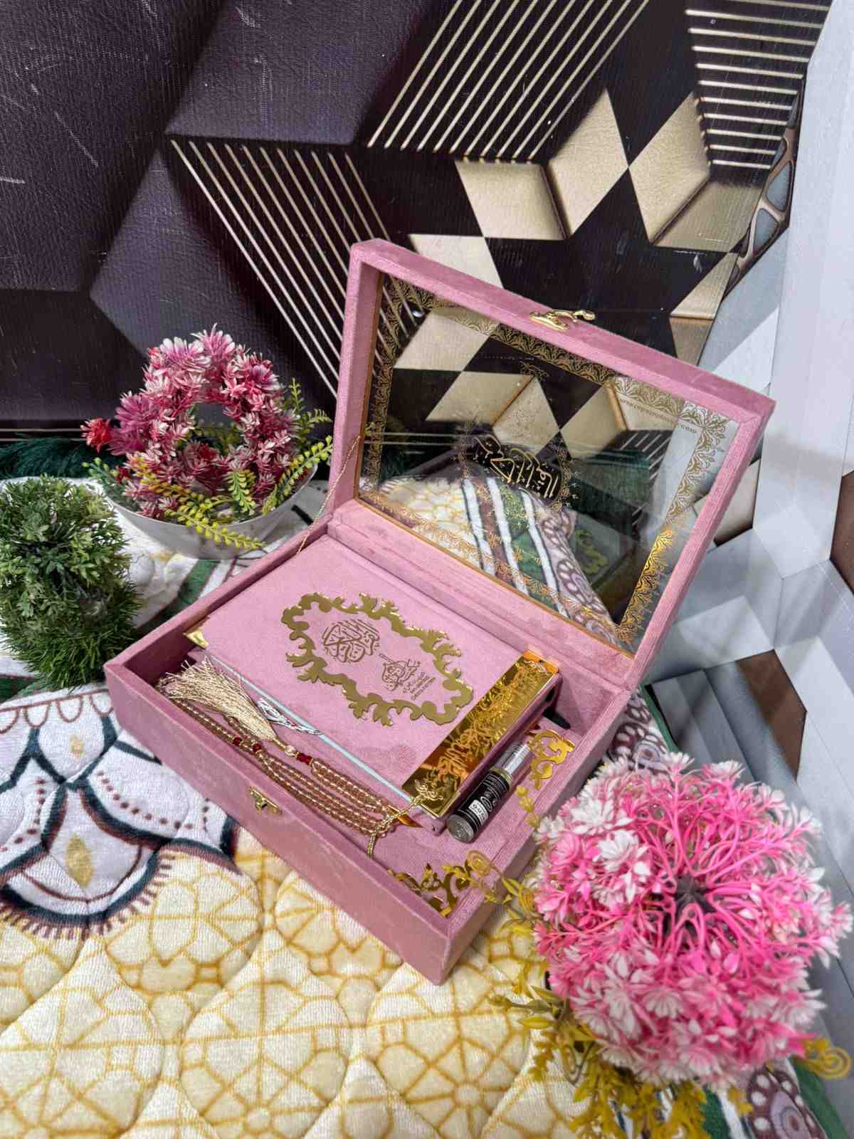 Premium Bridal Quran Gift Set Pink Color Transparent Set, Velvet Holly Quran, Book Mark,  Velvet Box, Velvet  Rahal, Ittar, Tasbeeh