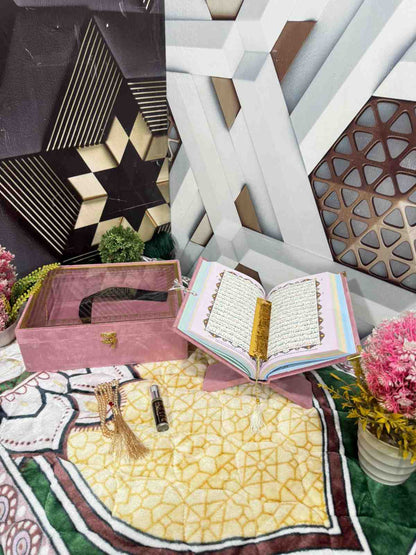 Premium Bridal Quran Gift Set Pink Color Transparent Set, Velvet Holly Quran, Book Mark,  Velvet Box, Velvet  Rahal, Ittar, Tasbeeh