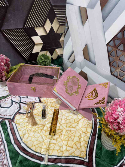 Premium Bridal Quran Gift Set Pink Color Transparent Set, Velvet Holly Quran, Book Mark,  Velvet Box, Velvet  Rahal, Ittar, Tasbeeh