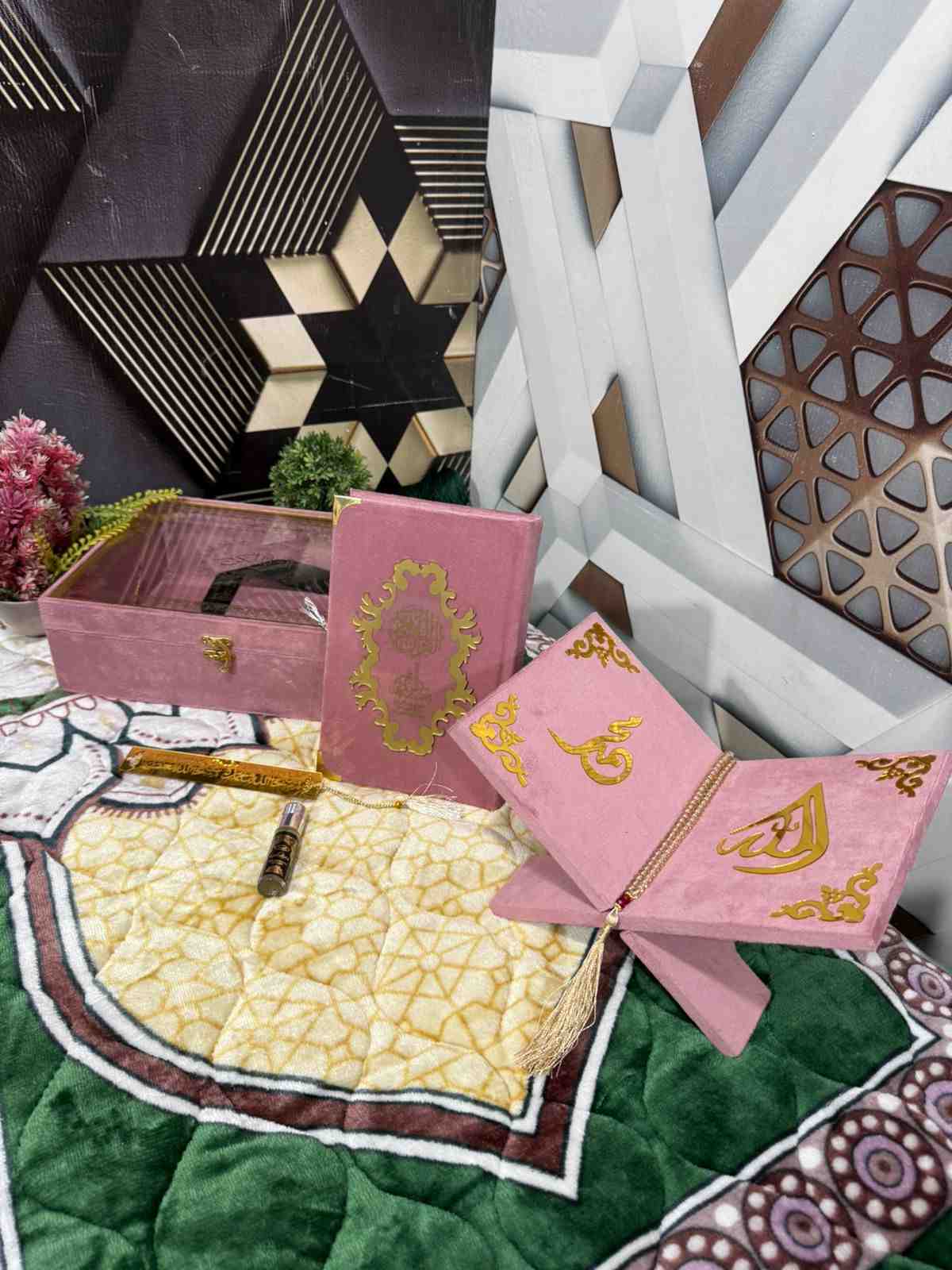 Premium Bridal Quran Gift Set Pink Color Transparent Set, Velvet Holly Quran, Book Mark,  Velvet Box, Velvet  Rahal, Ittar, Tasbeeh