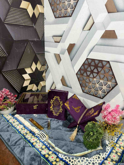 Premium Bridal Quran Gift Set Purple Color Transparent Set, Velvet Holly Quran, Book Mark,  Velvet Box, Velvet  Rahal, Ittar, Tasbeeh