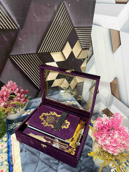 Premium Bridal Quran Gift Set Purple Color Transparent Set, Velvet Holly Quran, Book Mark,  Velvet Box, Velvet  Rahal, Ittar, Tasbeeh