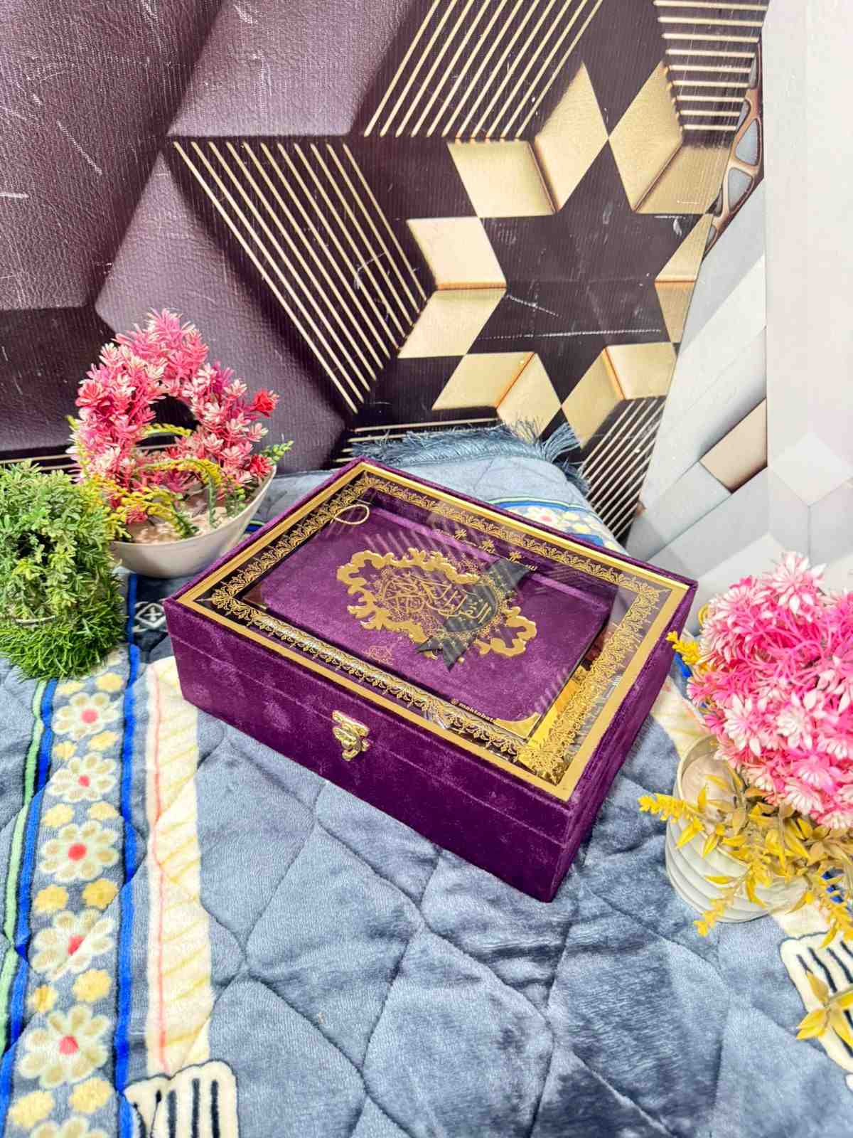 Premium Bridal Quran Gift Set Purple Color Transparent Set, Velvet Holly Quran, Book Mark,  Velvet Box, Velvet  Rahal, Ittar, Tasbeeh