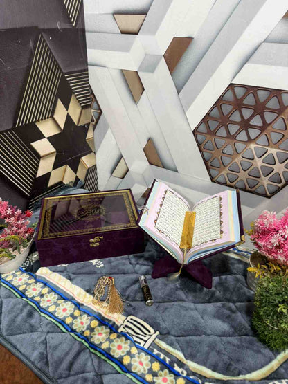 Premium Bridal Quran Gift Set Purple Color Transparent Set, Velvet Holly Quran, Book Mark,  Velvet Box, Velvet  Rahal, Ittar, Tasbeeh