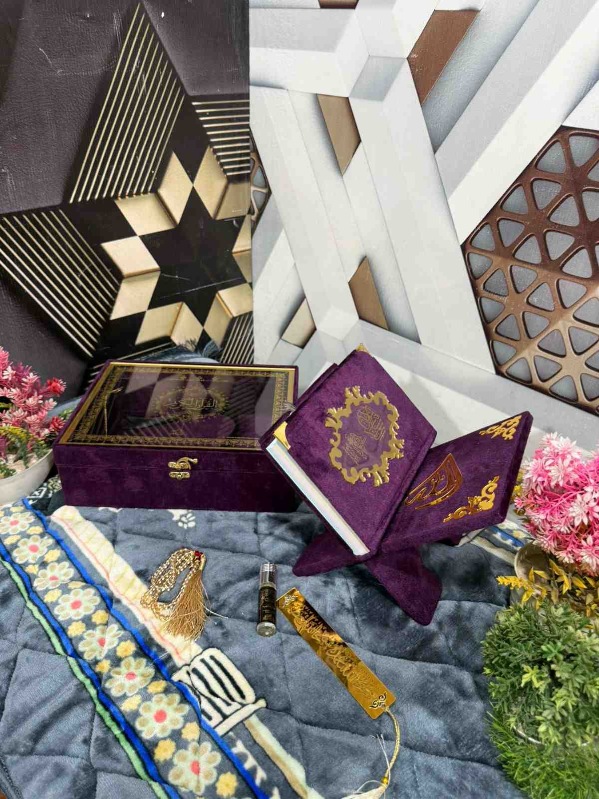 Premium Bridal Quran Gift Set Purple Color Transparent Set, Velvet Holly Quran, Book Mark,  Velvet Box, Velvet  Rahal, Ittar, Tasbeeh