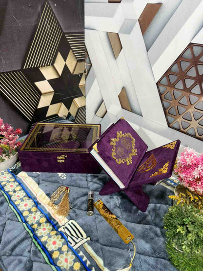 Premium Bridal Quran Gift Set Purple Color Transparent Set, Velvet Holly Quran, Book Mark,  Velvet Box, Velvet  Rahal, Ittar, Tasbeeh