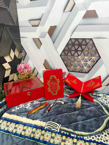 Premium Bridal Quran Gift Set Red Color Transparent Set, Velvet Holly Quran, Book Mark,  Velvet Box, Velvet  Rahal, Ittar, Tasbeeh