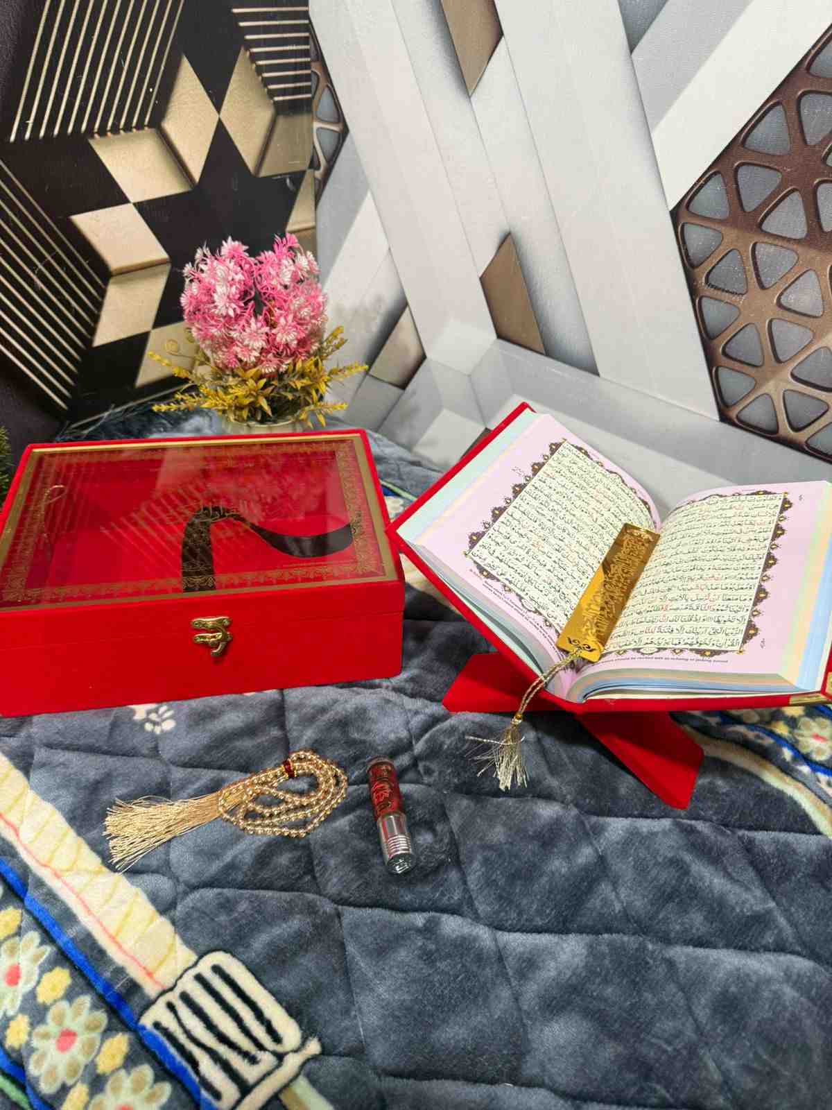 Premium Bridal Quran Gift Set Red Color Transparent Set, Velvet Holly Quran, Book Mark,  Velvet Box, Velvet  Rahal, Ittar, Tasbeeh
