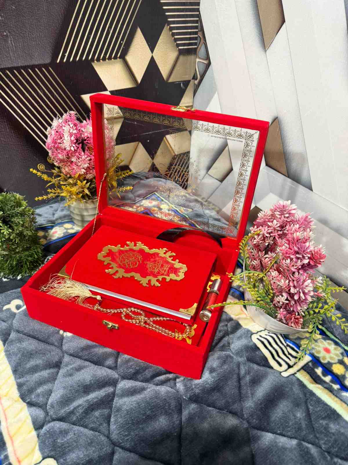 Premium Bridal Quran Gift Set Red Color Transparent Set, Velvet Holly Quran, Book Mark,  Velvet Box, Velvet  Rahal, Ittar, Tasbeeh