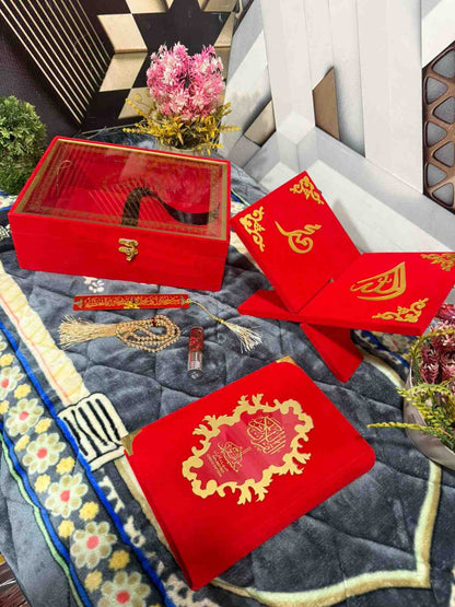 Premium Bridal Quran Gift Set Red Color Transparent Set, Velvet Holly Quran, Book Mark,  Velvet Box, Velvet  Rahal, Ittar, Tasbeeh